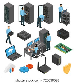Datacenter equipment isometric set with engineers collecting the server racks isolated vector illustration 