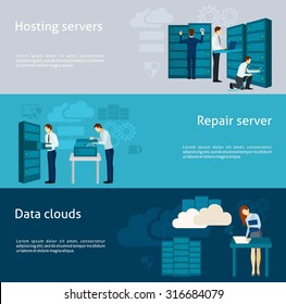 Datacenter horizontal banner set with hosting servers and data clouds elements isolated vector illustration