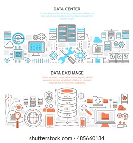 Datacenter Horizontal Linear Banners With Hardware And Server Protection Global Exchange Of Information Isolated Vector Illustration