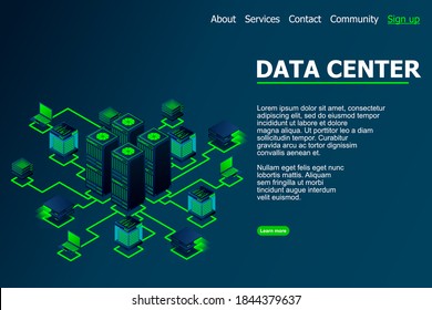 Datacenter, hosting server or data center room concept. Concept of big data processing center, cloud database, vector illustration