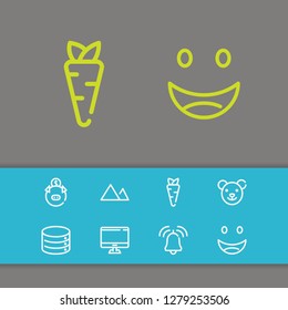 Datacenter icon with toy, mountain and computer symbols. Set of veggie, alarm bell, database icons and monitor concept. Editable vector elements for logo app UI design.