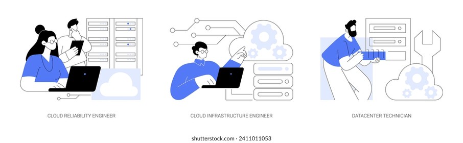 Datacenter isolated cartoon vector illustrations set. Diverse colleagues testing cloud reliability, network infrastructure engineer, data center technician job, server maintenance vector cartoon.