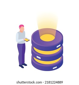 Datacenter isometric composition with human character and concept icons of network infrastructure vector illustration