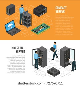 Datacenter isometric horizontal banners with people working with equipment using for compact and industrial servers vector illustration    