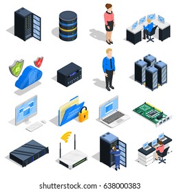 Datacenter Isometric Icons Collection Of Sixteen Isolated Computer And Head-end Equipment Images With Human Characters Vector Illustration