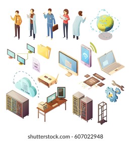 Datacenter Isometric isolated icons set of server hardware and technical staff supporting safety of software and data transfer flat vector illustration 