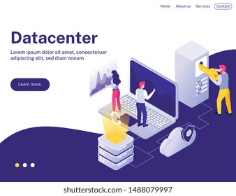 Datacenter isometric landing page with data analysts evaluating diagrams on laptop and symbolic safety key vector illustration 