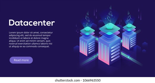 Ilustração vetorial isométrica de datacenter. Servidor de hospedagem 3d abstrato ou plano de fundo da sala de data center. Layout do cabeçalho do site da infraestrutura de rede ou mainframe. Armazenamento de computador ou estação de trabalho agrícola.