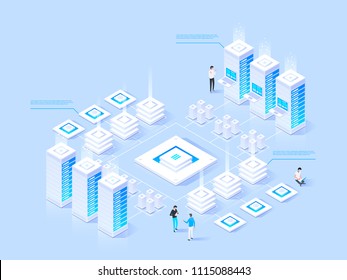 Datacenter isometric vector illustration. Abstract 3d hosting server or data center room background. Network or mainframe infrastructure website header layout. Computer storage or farming workstation.