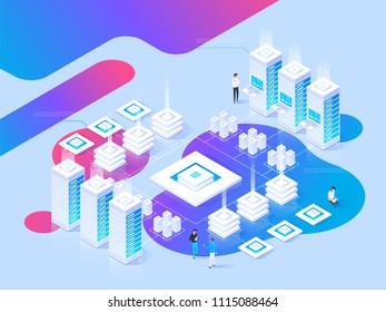Datacenter isometric vector illustration. Abstract 3d hosting server or data center room background. Network or mainframe infrastructure website header layout. Computer storage or farming workstation.