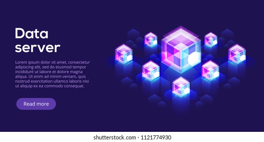 Datacenter isometric vector illustration. Abstract 3d hosting server or data center room background. Network or mainframe infrastructure website header layout. Computer storage or farming workstation.