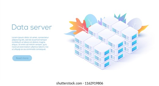 Datacenter isometric vector illustration. Abstract 3d hosting server or data center room background. Network or mainframe infrastructure website header layout. Computer storage or farming workstation.