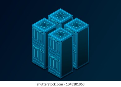 Datacenter isometric vector illustration. Abstract hosting server or data center room background. Network or mainframe infrastructure website layout. Computer storage or farming workstation.