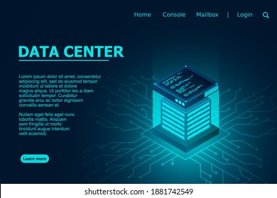 Datacenter isometric vector illustration. Data center room background. Computer storage or farming workstation. Vector illustration