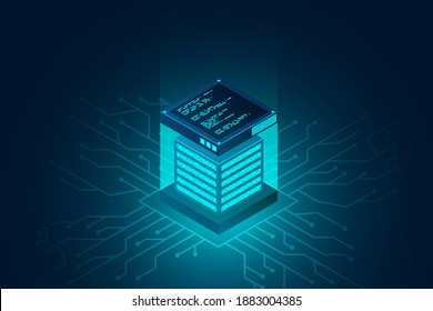 Datacenter isometric vector illustration. Data center room background. Computer storage or farming workstation. Vector illustration