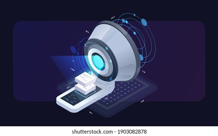 Isometrische Vektorgrafik im Rechenzentrum. Informationsfluss, digitales Wissenschaftslabor, isometrisches Konzept für den Serverraum im Rechenzentrum.