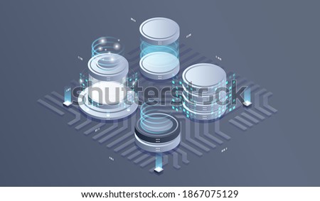 Datacenter isometric vector illustration. information flow,digital science lab, data center server room isometric concept.