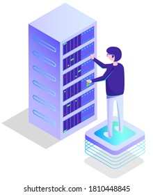Centro de datos isométrico, comunicación de caracteres de trabajo con computadora, soporte de administrador, tecnología de diagnóstico. Conexión inalámbrica y tecnología empresarial, industria de ingeniería, vector de seguridad