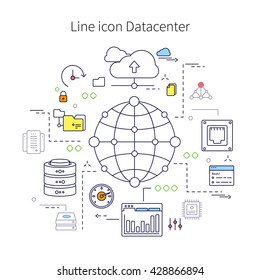 Datacenter line illustration with description of line icon datacenter and different little icon on this theme vector illustration