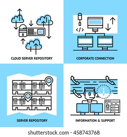 Datacenter linear compositions with cloud service server data warehouse corporate connection information and support isolated vector illustration 