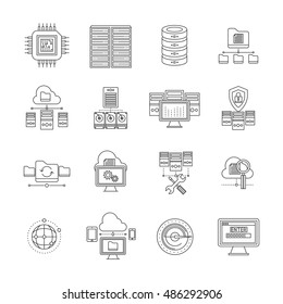 Datacenter linear icons set with information storage and transfer server equipment and cloud technology isolated vector illustration