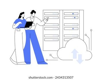 Datacenter Manager isolierte Cartoon-Vektorillustrationen. Mitarbeiter in Rechenzentren mit Notebook diskutieren über Server, Verbindungstechnologie, IT-Branche, Edge-Computing, Netzwerksicherheit und Cartoons.