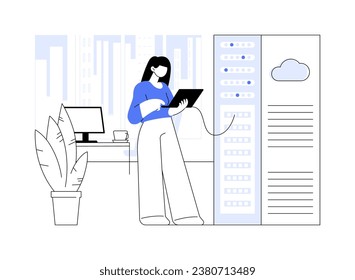 Datacenter network infrastructure abstract concept vector illustration. Professional IT engineer checking switches and routers in datacenter, smart business technology abstract metaphor.