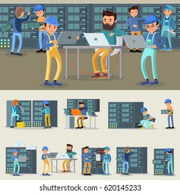 Datacenter professional workers collection with engineers repairing and fixing problems in cloud storage and server room vector illustration