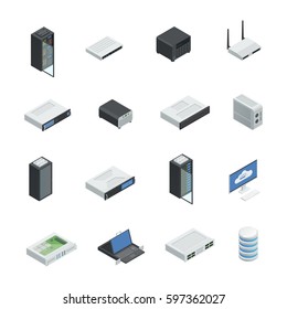 Datacenter server cloud computing isometric icons set with isolated images of hardware networking equipment infrastructure server racks vector illustration