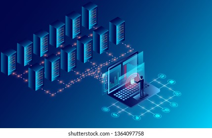 Datacenter server room cloud storage technology and big data processing Protecting data security concept. digital information. isometric. dark neon cartoon vector