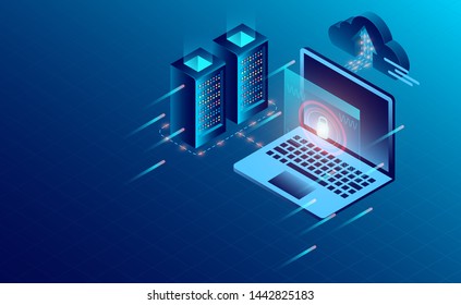 Datacenter server room cloud storage technology and big data processing Protecting data security concept. digital information. isometric. dark neon vector