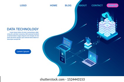 Datacenter server room cloud storage technology and big data processing Protecting data security concept. digital information. isometric. cartoon vector