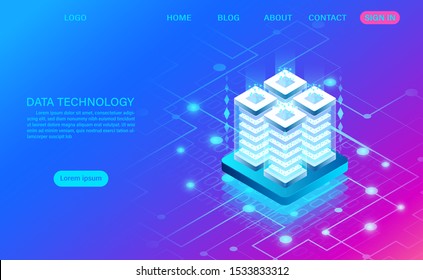 Datacenter server room cloud storage technology and big data processing Protecting data security concept. digital information. isometric. cartoon vector
