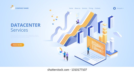 Datacenter Services. Internet data center connection, administrator of web hosting concept. Vector isometric illustration for landing page, web design, banner and presentation.