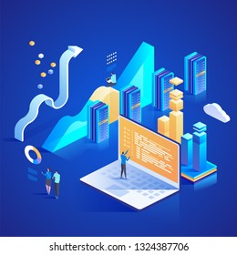 Datacenter Services. Internet data center connection, administrator of web hosting concept. Vector isometric illustration for landing page, web design, banner and presentation.