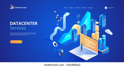 Datacenter Services. Internet data center connection, administrator of web hosting concept. Vector isometric illustration for landing page, web design, banner and presentation.
