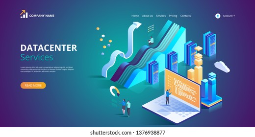 Datacenter Services. Internet data center connection, administrator of web hosting concept. Vector isometric illustration for landing page, web design, banner and presentation.