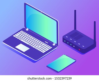 Datacenter set of gadgets vector, isolated laptop with keyboard. Telephone, tablet or smartphone with modem for connection to internet. Database storage, personal computer illustration in isometric 3d