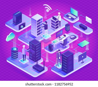Datacenter technology and new innovations vector. Computers and blocks, people working at center, wifi connection and cloud signs, screens of gadgets