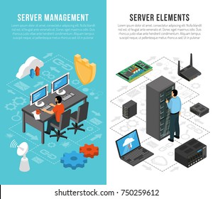 Datacenter vertical banners with server management and elements of server equipment isometric flowcharts vector illustration  