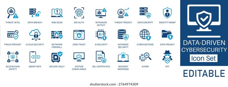 Data-driven cybersecurity and network protection solid glyph icon set. Vector symbols for threat intel, zero trust, AI security, data privacy, cloud defense, and smart MFA.