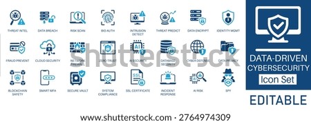 Data-driven cybersecurity and network protection solid glyph icon set. Vector symbols for threat intel, zero trust, AI security, data privacy, cloud defense, and smart MFA.