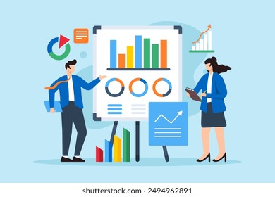 Datengesteuerte Entscheidungsfindung, Business-Analysten, die komplexe Datensätze interpretieren, strategische Planung und Vektorillustration des Marktanalysekonzepts. Team zur Untersuchung von Diagrammen und Diagrammen