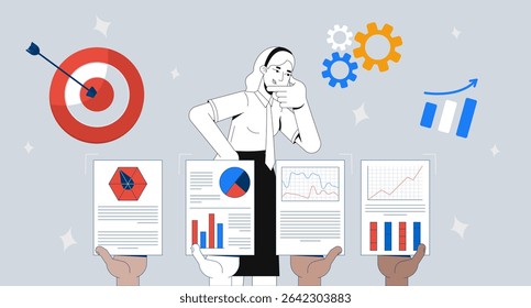 Data-driven decision making and business analytics 2D illustration concept. KPI analysis efficiency. Performance manager woman cartoon conceptual abstract vector art. Flat metaphor on grey background