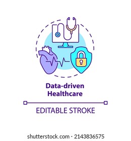 Data-driven healthcare concept icon. Technology innovation. Medicine macro trends abstract idea thin line illustration. Isolated outline drawing. Editable stroke. Arial, Myriad Pro-Bold fonts used