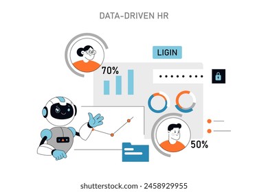 Data-Driven HR concept A friendly robot presents analytics on employee performance Secure login process for HR systems Simplifying HR tasks through automation Vector illustration