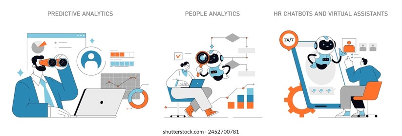 Data-Driven HR illustration Harnessing predictive and people analytics for HR Virtual assistants providing 24 7 HR support Empowering human resources with technology Vector illustration