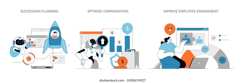 Ilustración de RRHH basada en datos Planificación estratégica de la sucesión y optimización de la compensación Aumentar la moral de los empleados con información de datos Facilitar la Ilustración vectorial proactiva de la gestión de RRHH