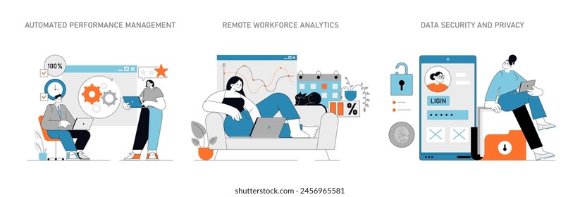 Data-Driven HR illustration Streamlining HR tasks with automated performance management Analyzing remote workforce data securely Prioritizing data security in HR processes Vector illustration