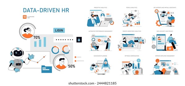 Datengesteuerter HR-Satz Einblicke in Personalanalyse und Performance Personalmanagement mit digitalen Tools Sichere Datenprotokolle in der Vektorillustration der Beschäftigung